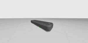 3D-simulaatiossa näkyvä musta, matalaprofiilinen teollinen mobiilirobotti virtuaalisella ruututaustalla ROS2-ympäristössä.
