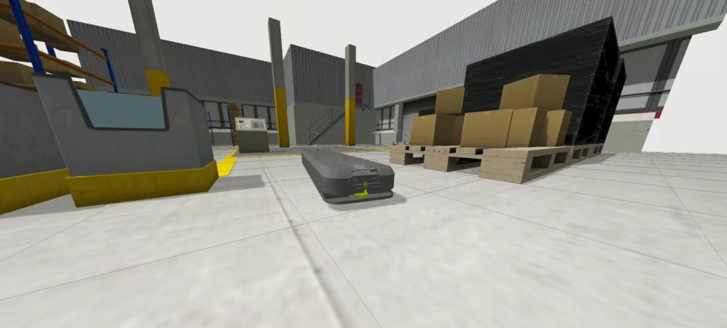 3D-simulaatiossa näkyvä musta teollinen mobiilirobotti liikkuu virtuaalisessa varastoympäristössä hyllyjen, lavojen ja laatikoiden keskellä ROS2-ympäristössä.